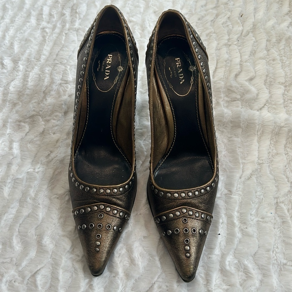 Prada Metallic Bronze Studded Pointed-Toe Pumps